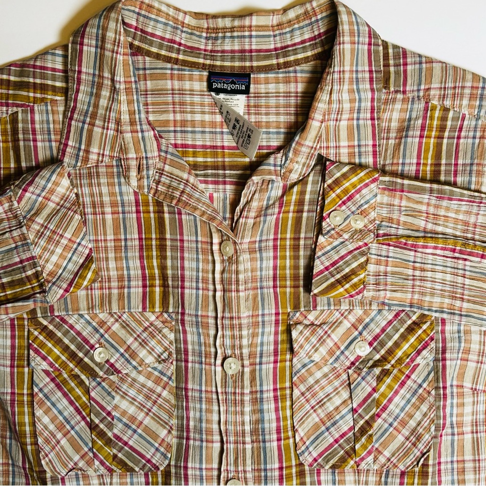 Patagonia Womens 10 Organic Cotton Plaid Button Down Shirt Brown Red Long Sleeve